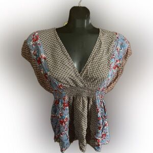 Floral Patchwork V-Neck Women's Top